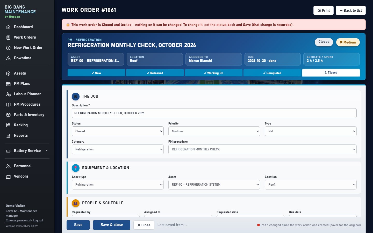 Digital work order with labour, parts and notes